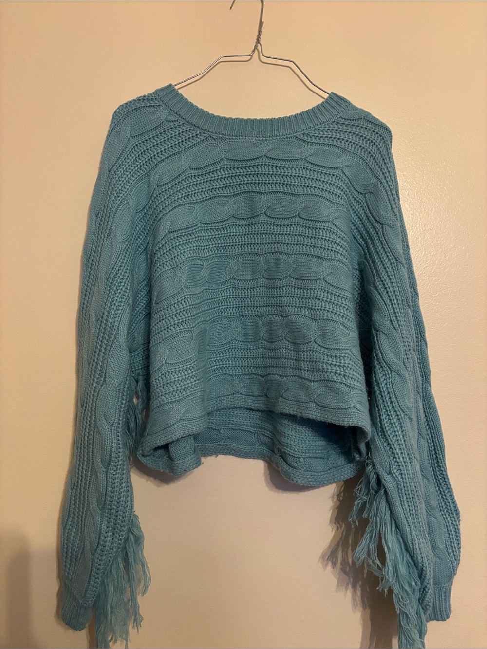 Cropped Cable-Knit Fringe Sweater in Light Teal